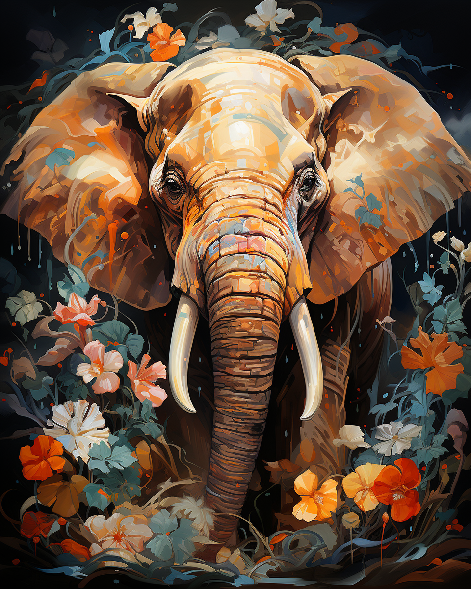 Colorful elephant surrounded by flowers on a dark background
