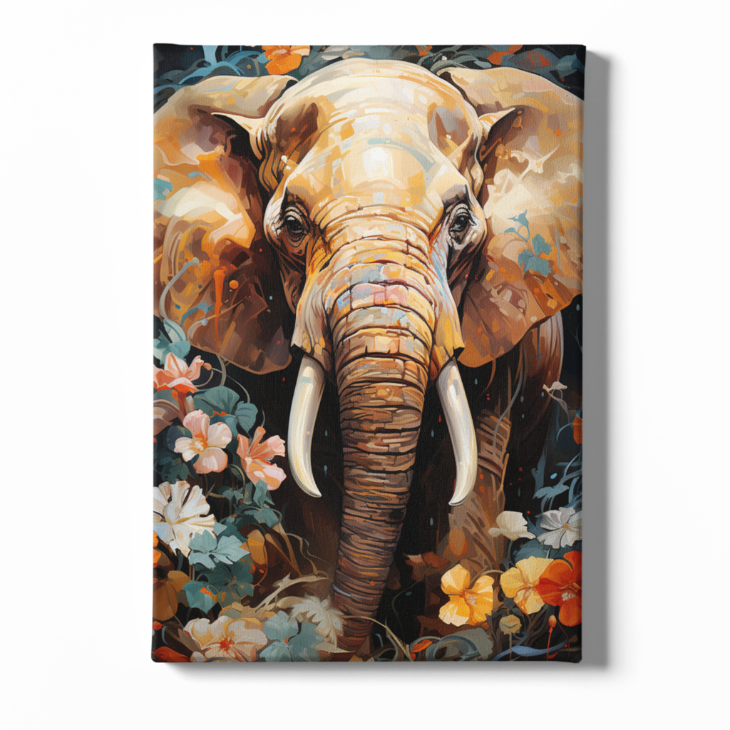 Canvas print of an elephant surrounded by flowers on a white background