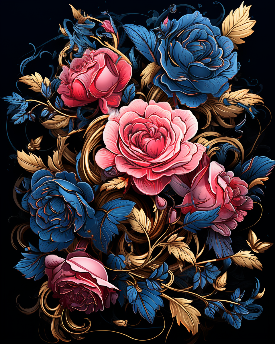 Colorful floral arrangement with pink and blue roses on a black background