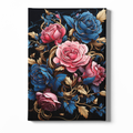 Floral design with pink and blue roses on a black background
