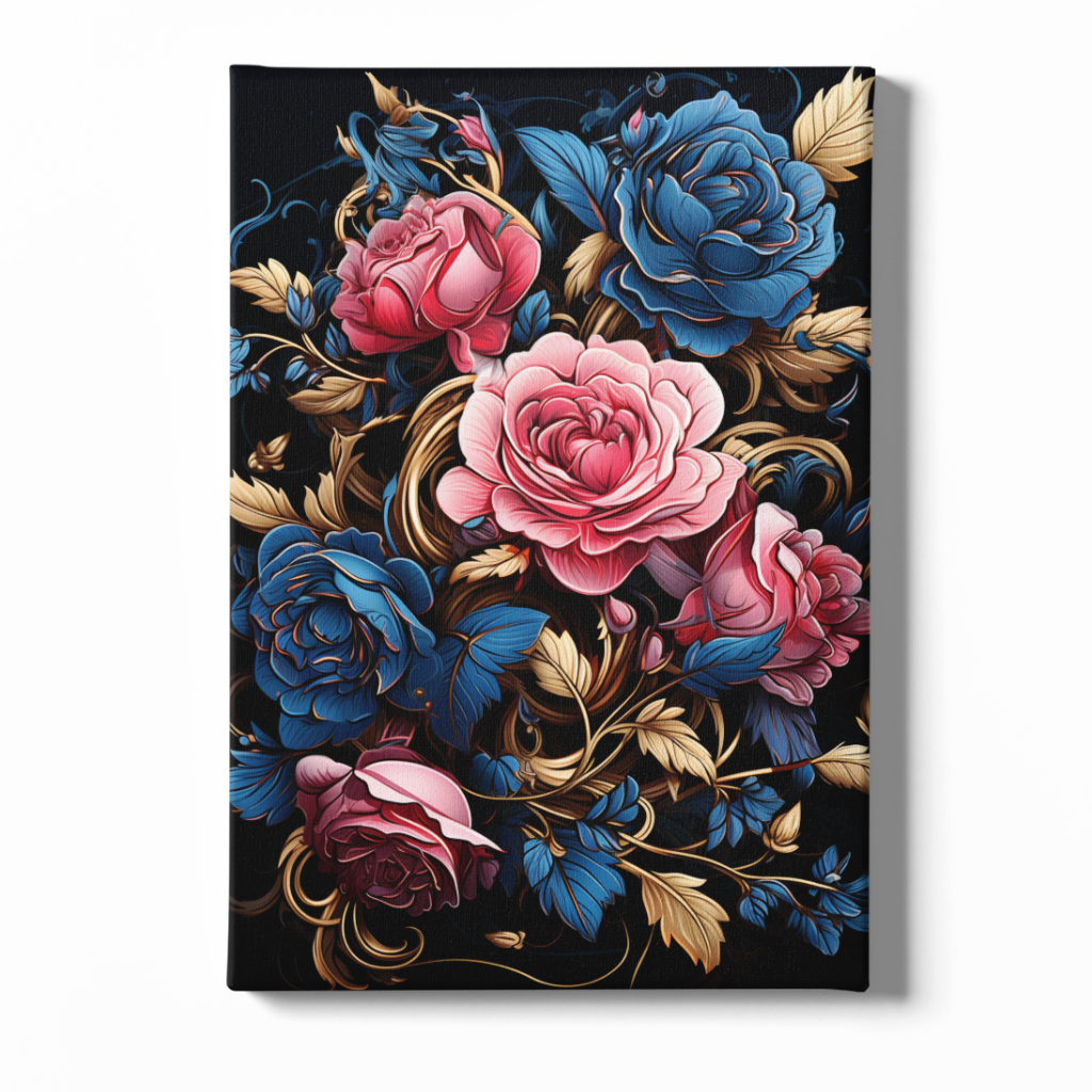 Floral design with pink and blue roses on a black background