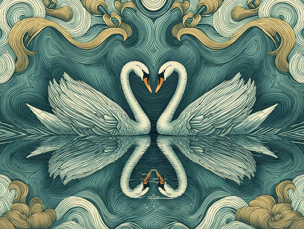Two swans forming a heart shape with their necks against a swirling water background