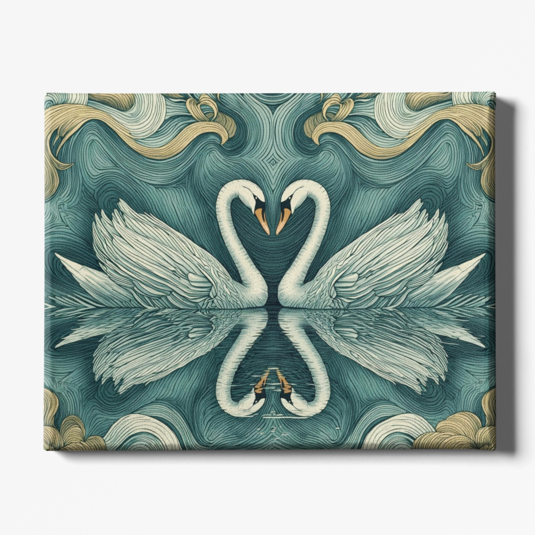 Decorative panel with two swans forming a heart shape on a wavy background