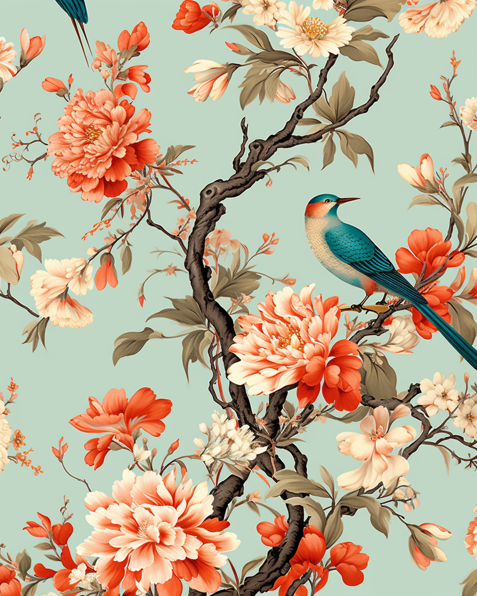 Floral pattern with birds on a light blue background