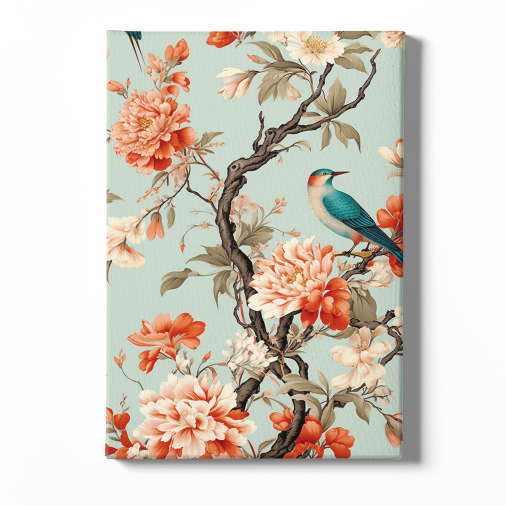 Floral and bird design on a light blue background