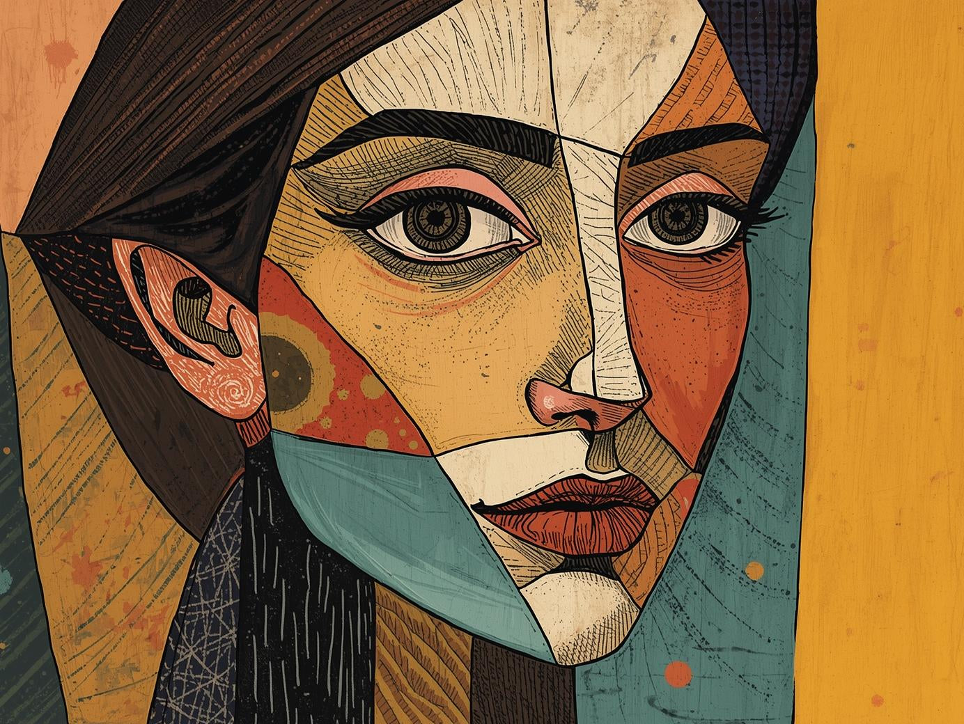 Abstract art of a face with geometric shapes on a textured background