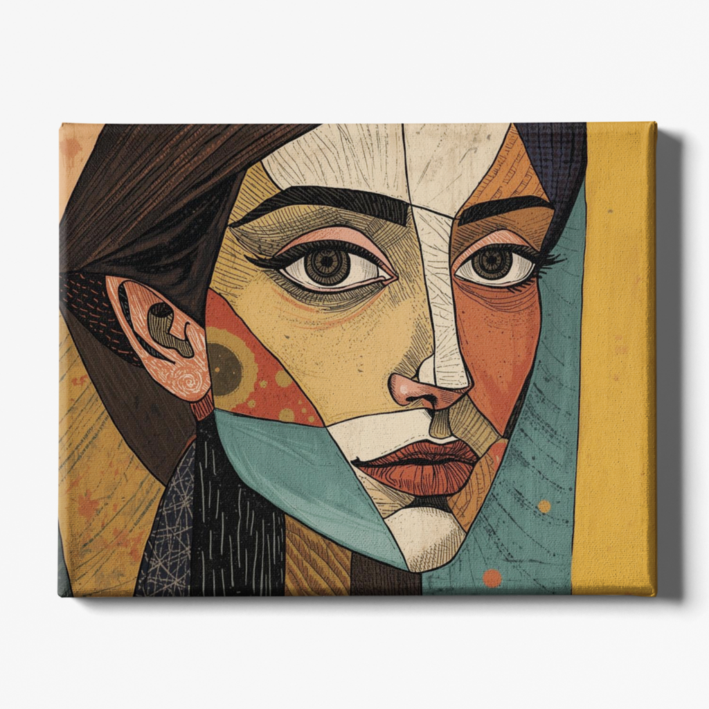 Abstract art piece of a face with geometric shapes on a white background