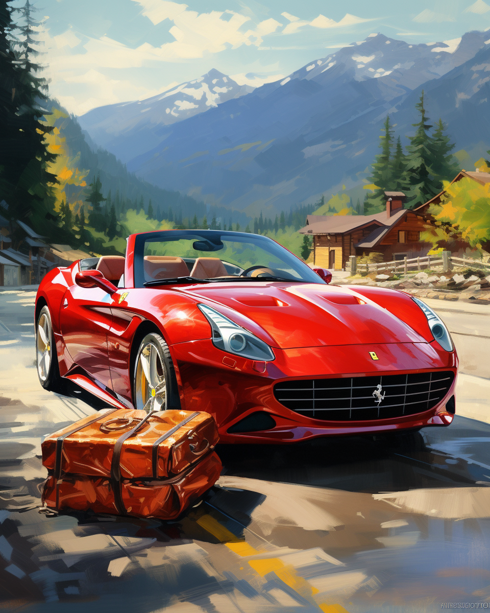 Red Ferrari sports car on a mountain road with a wooden cabin and pine trees in the background.