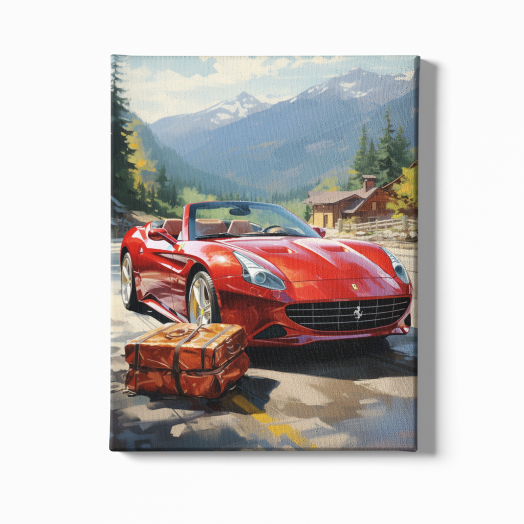 Painting of a red sports car with a suitcase on a mountain road
