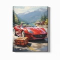 Painting of a red sports car with a suitcase on a mountain road