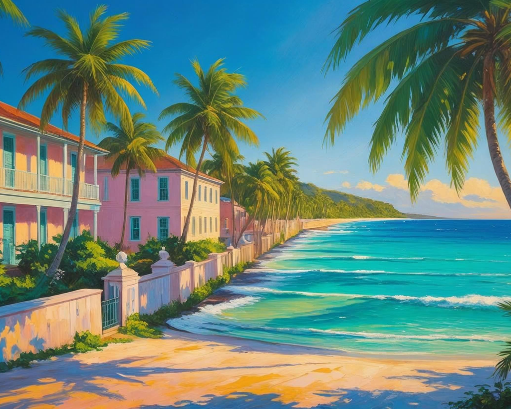 Coastal scene with palm trees, houses, and a clear blue sky.