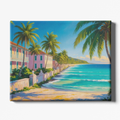 Canvas print of a tropical beach scene with palm trees and colorful houses.