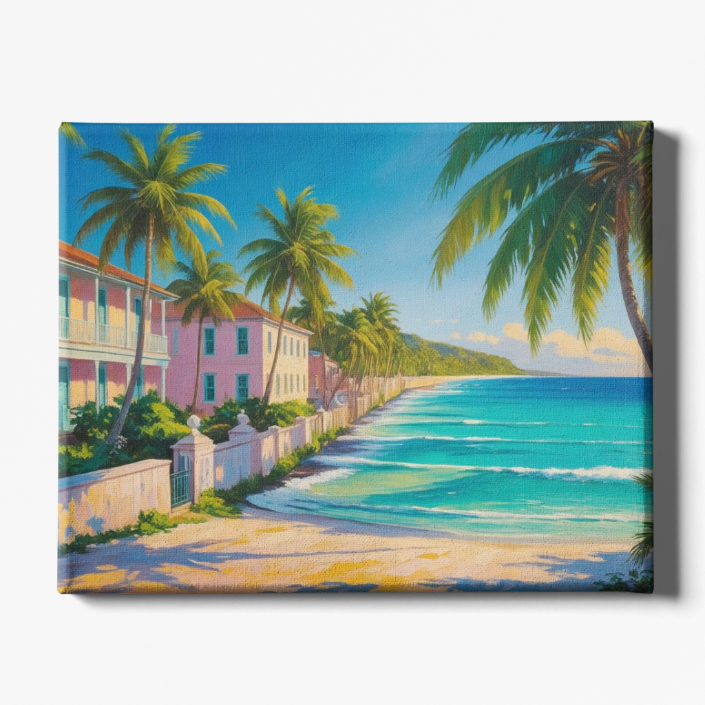 Canvas print of a tropical beach scene with palm trees and colorful houses.