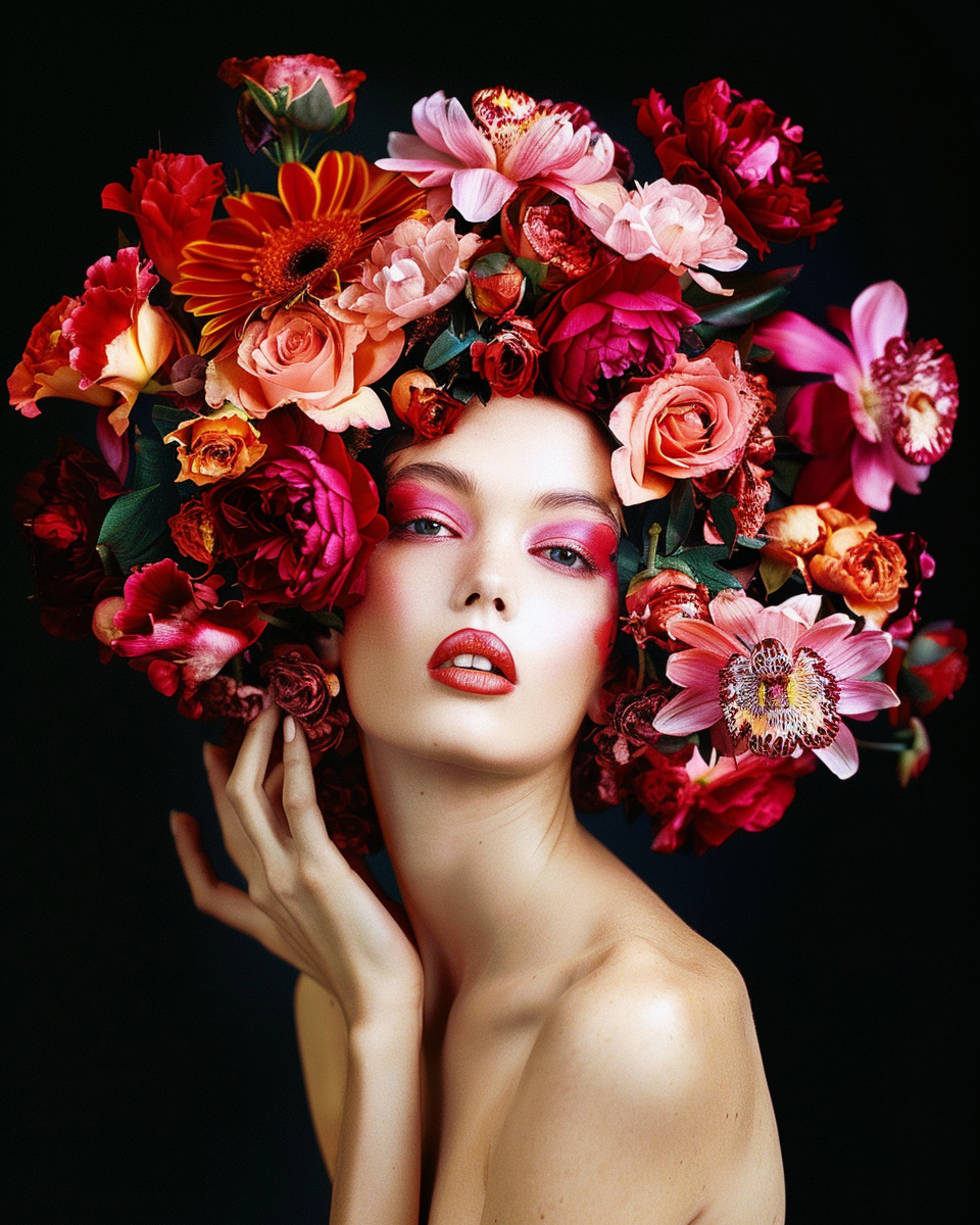 Woman with colorful flowers in her hair against a black background