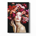 Canvas print of a woman's face with a floral wreath on a black background