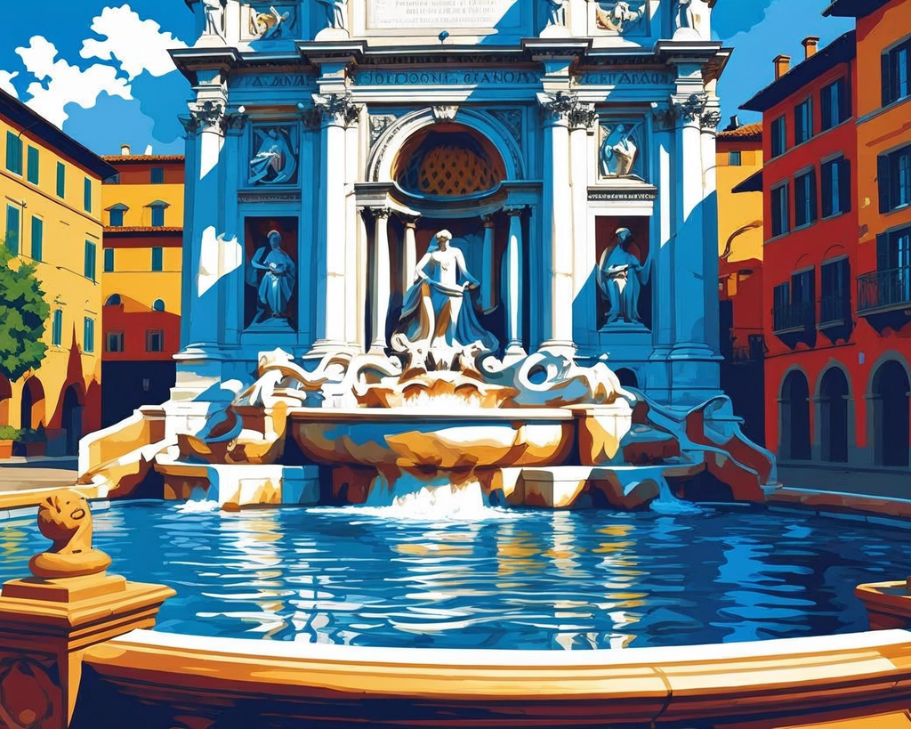 Colorful fountain in an urban setting with classical architecture
