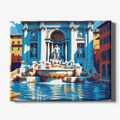 Colorful depiction of a fountain with classical architecture and statues in an urban setting.