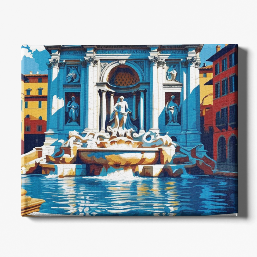 Colorful depiction of a fountain with classical architecture and statues in an urban setting.