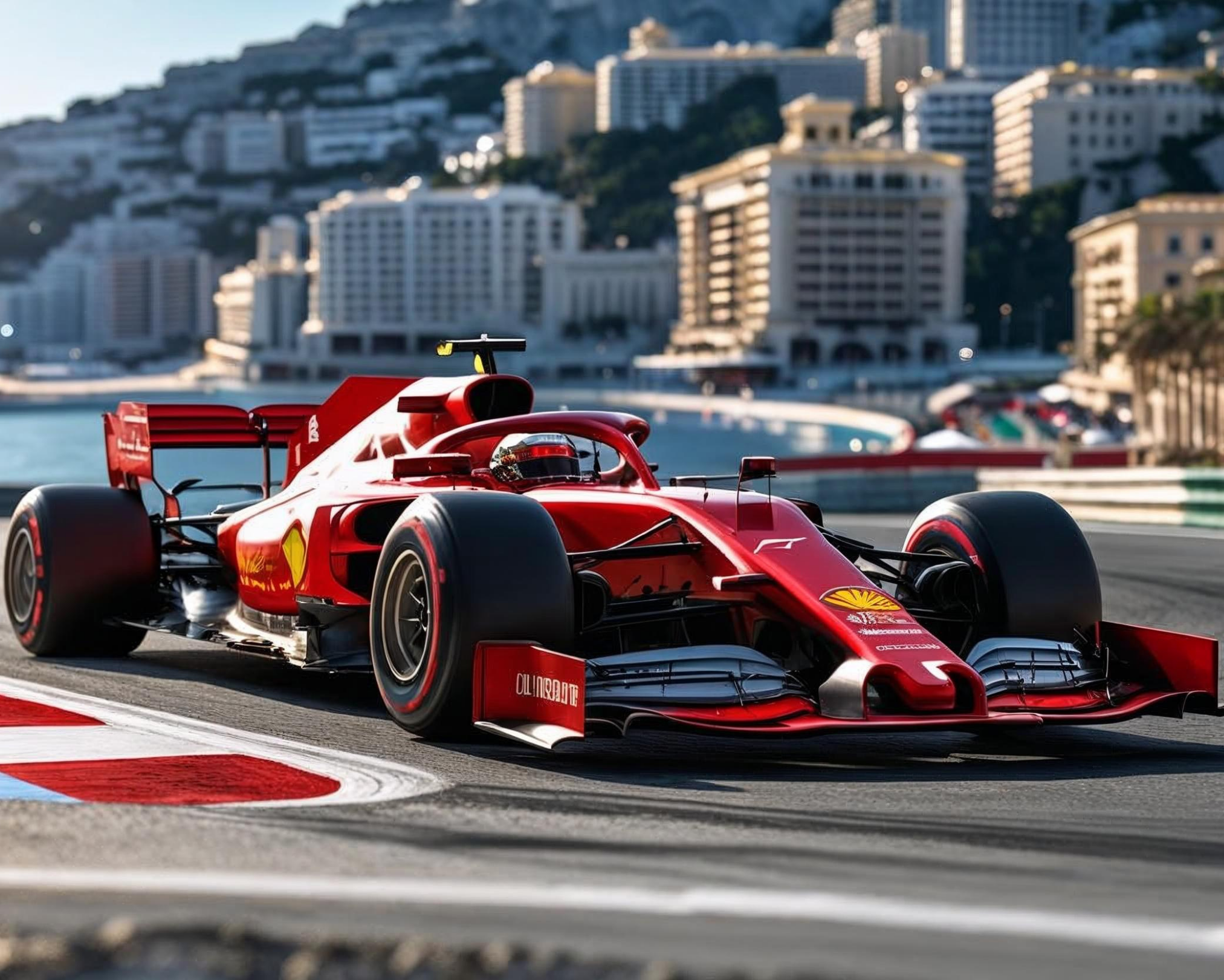 Red Formula 1 car on a racetrack with a cityscape in the background