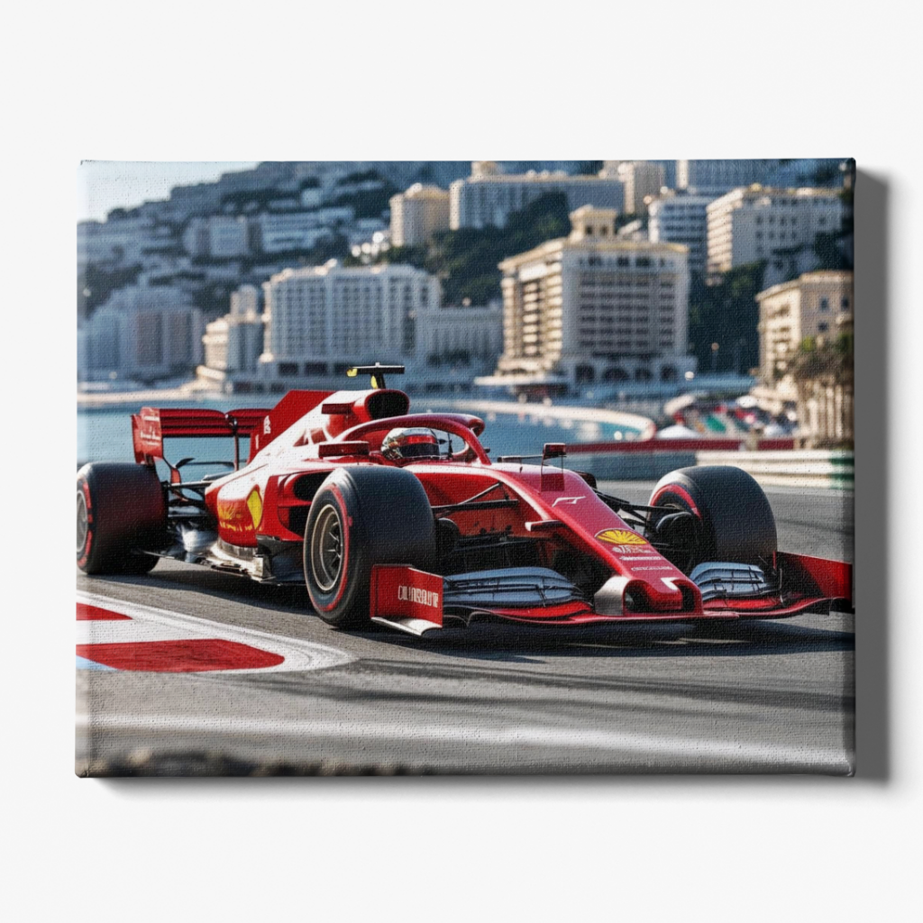 Red Formula 1 car on a racetrack with a cityscape in the background