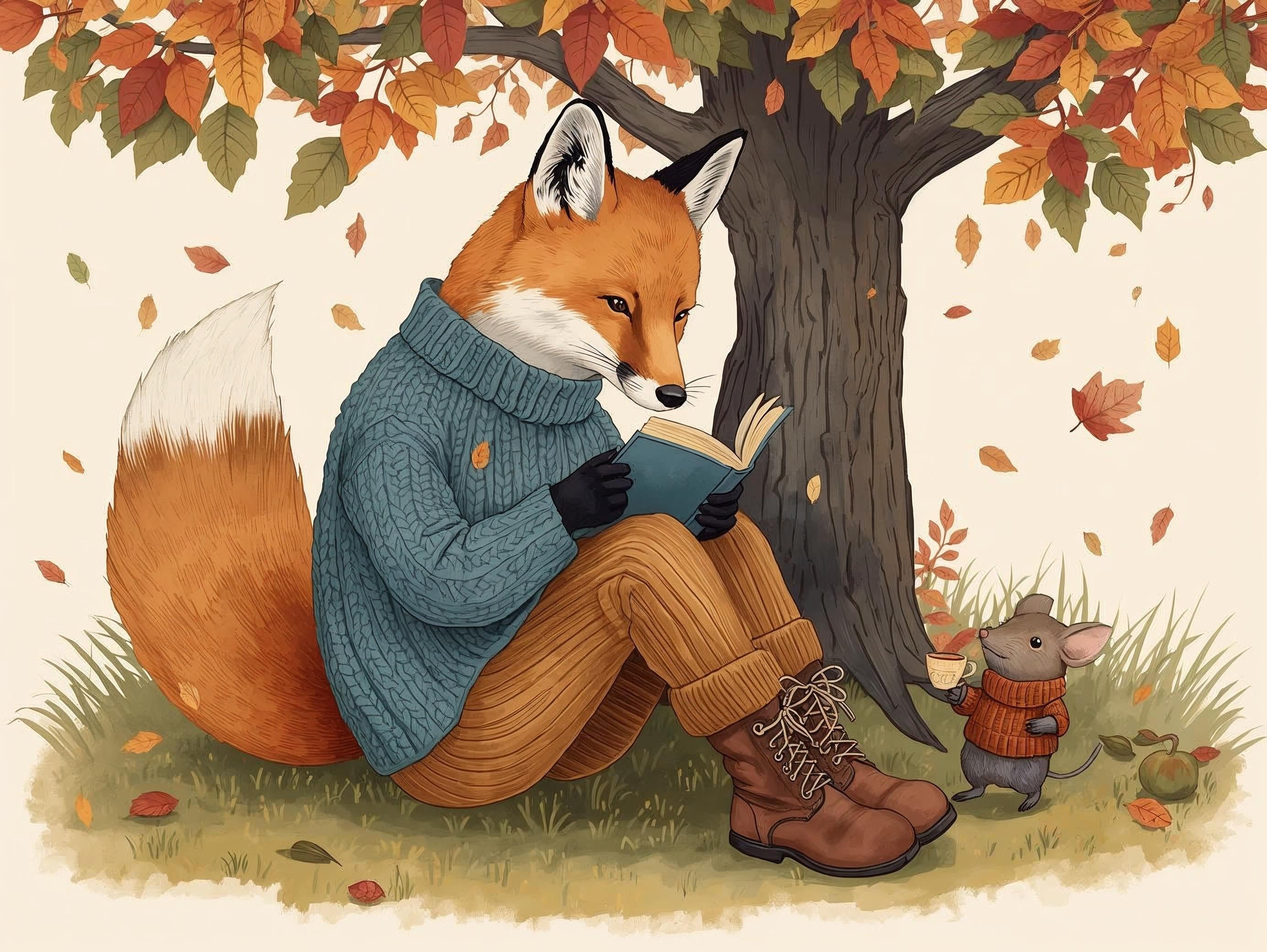 Fox in a sweater reading a book to a mouse under an autumn tree