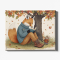 Illustration of a fox wearing a sweater reading a book to a mouse under an autumn tree.