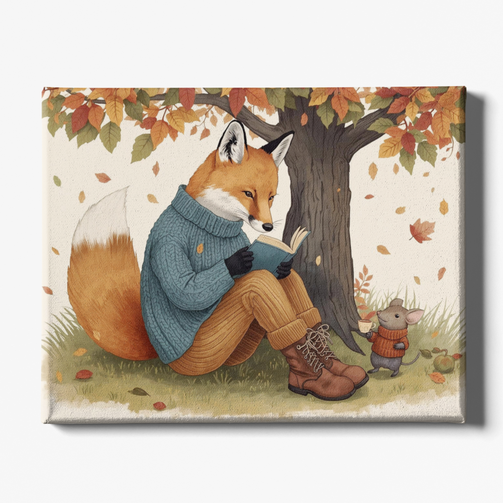 Illustration of a fox wearing a sweater reading a book to a mouse under an autumn tree.