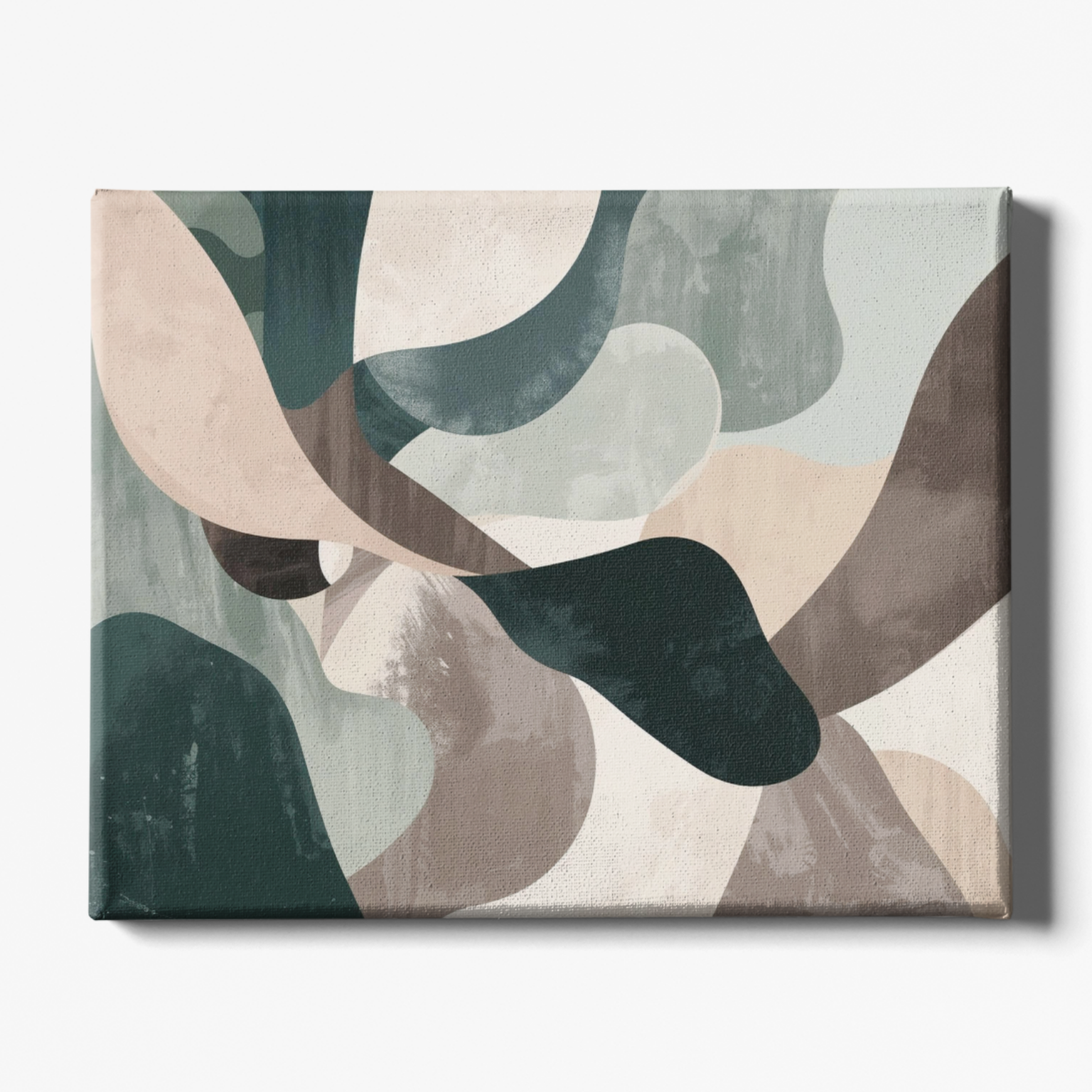 Abstract art print with geometric shapes in earthy tones on a white background