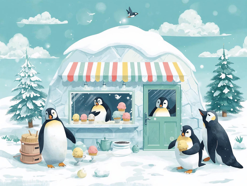 Illustration of penguins at an ice cream shop with a snowy landscape.
