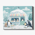 Illustration of penguins around a snow-covered ice cream shop with striped awning.