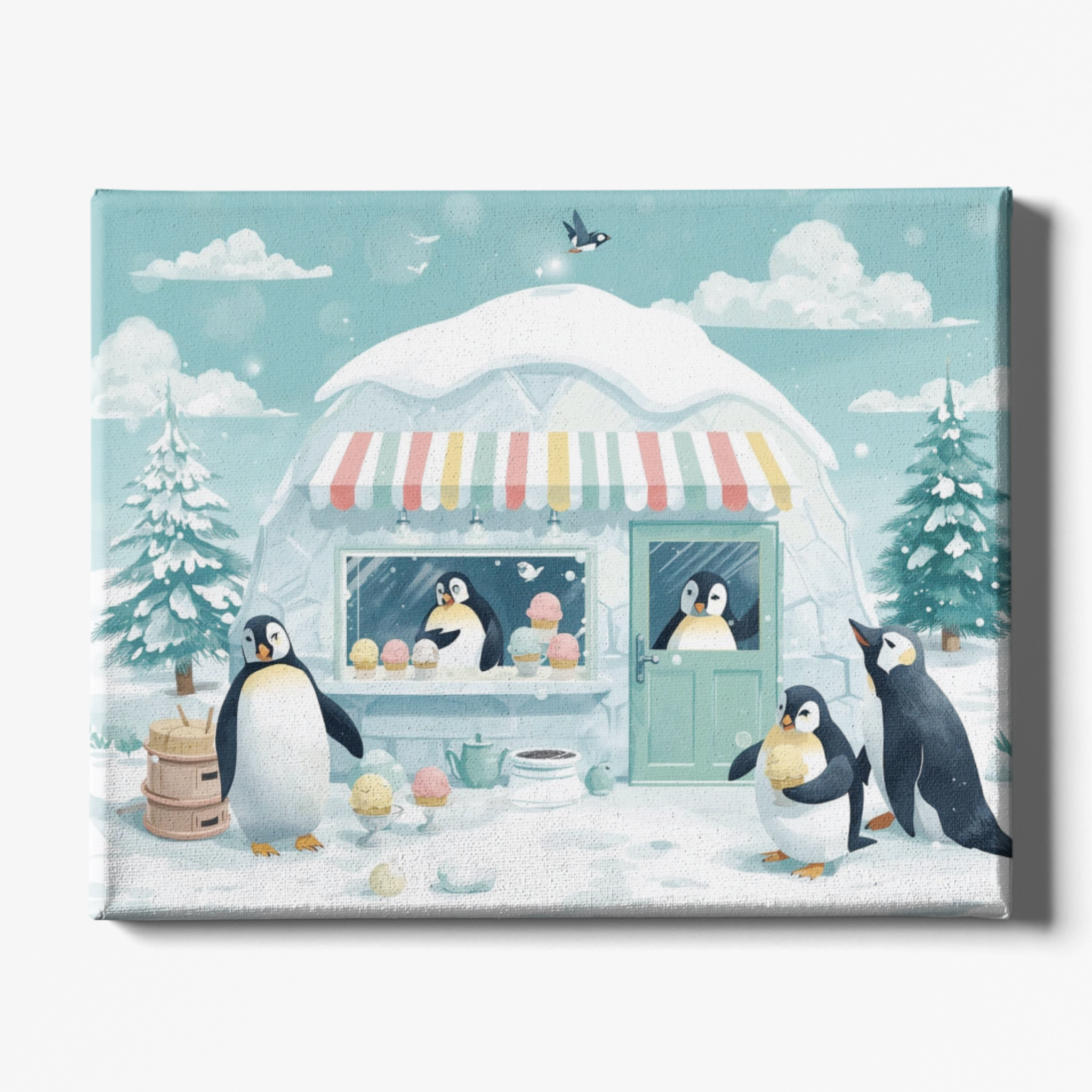 Illustration of penguins around a snow-covered ice cream shop with striped awning.