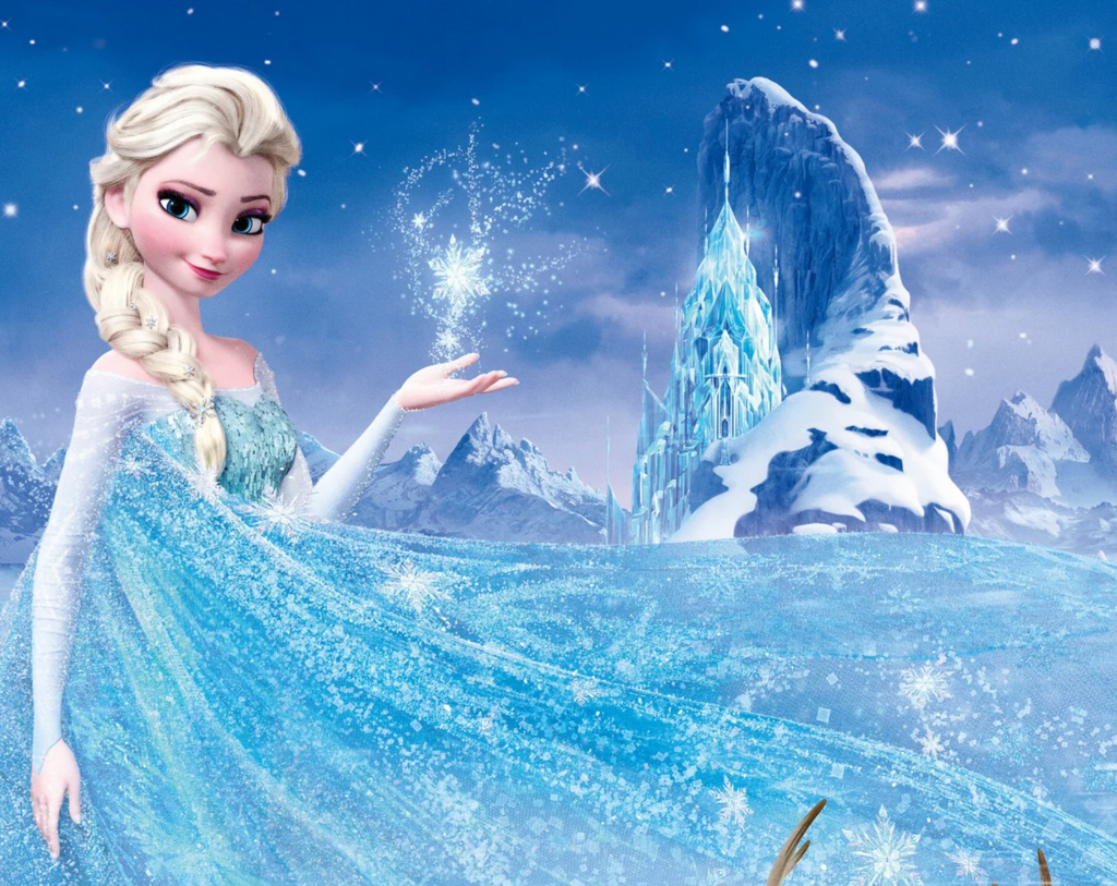 Animated character in a snowy, icy landscape with a magical ice castle.