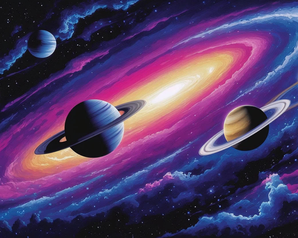 Artistic depiction of planets and a colorful nebula in space