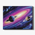 Canvas print of a space scene with planets and colorful nebulae.