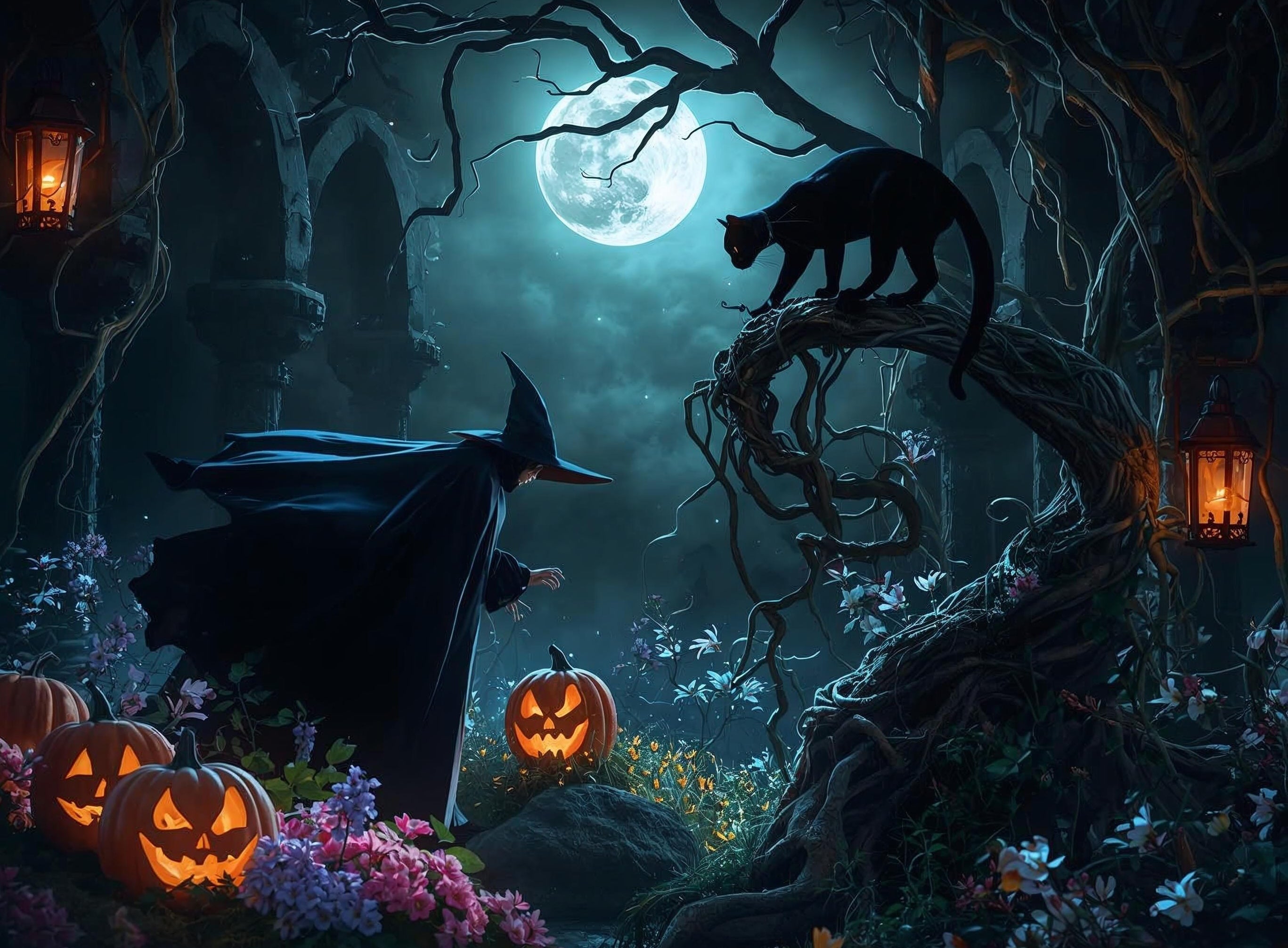 Mystical forest scene with a witch, black cat, and jack-o'-lanterns under a full moon.