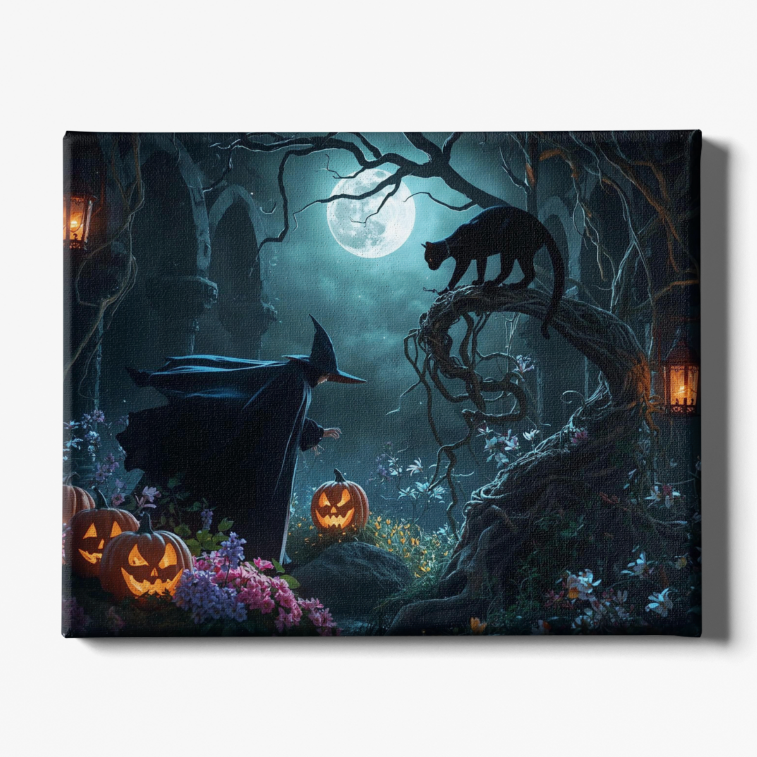Halloween-themed artwork with a witch, black cat, and jack-o'-lanterns in a moonlit forest.