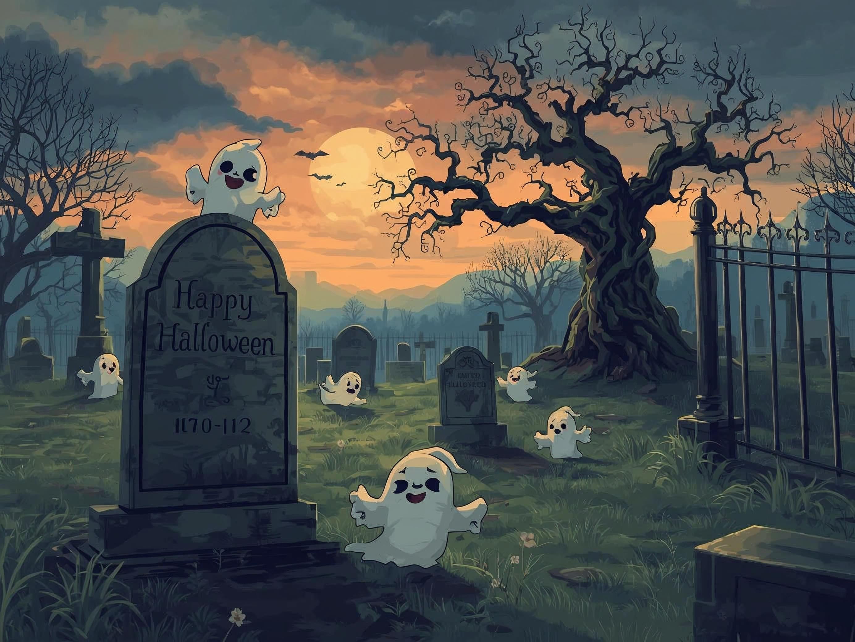 Spooky Halloween scene with ghosts and a tombstone in a cemetery at sunset.
