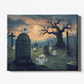 Halloween-themed artwork with ghosts, tombstones, and a large tree in a cemetery.