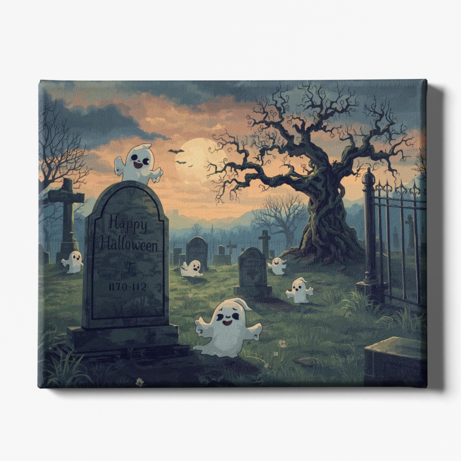 Halloween-themed artwork with ghosts, tombstones, and a large tree in a cemetery.