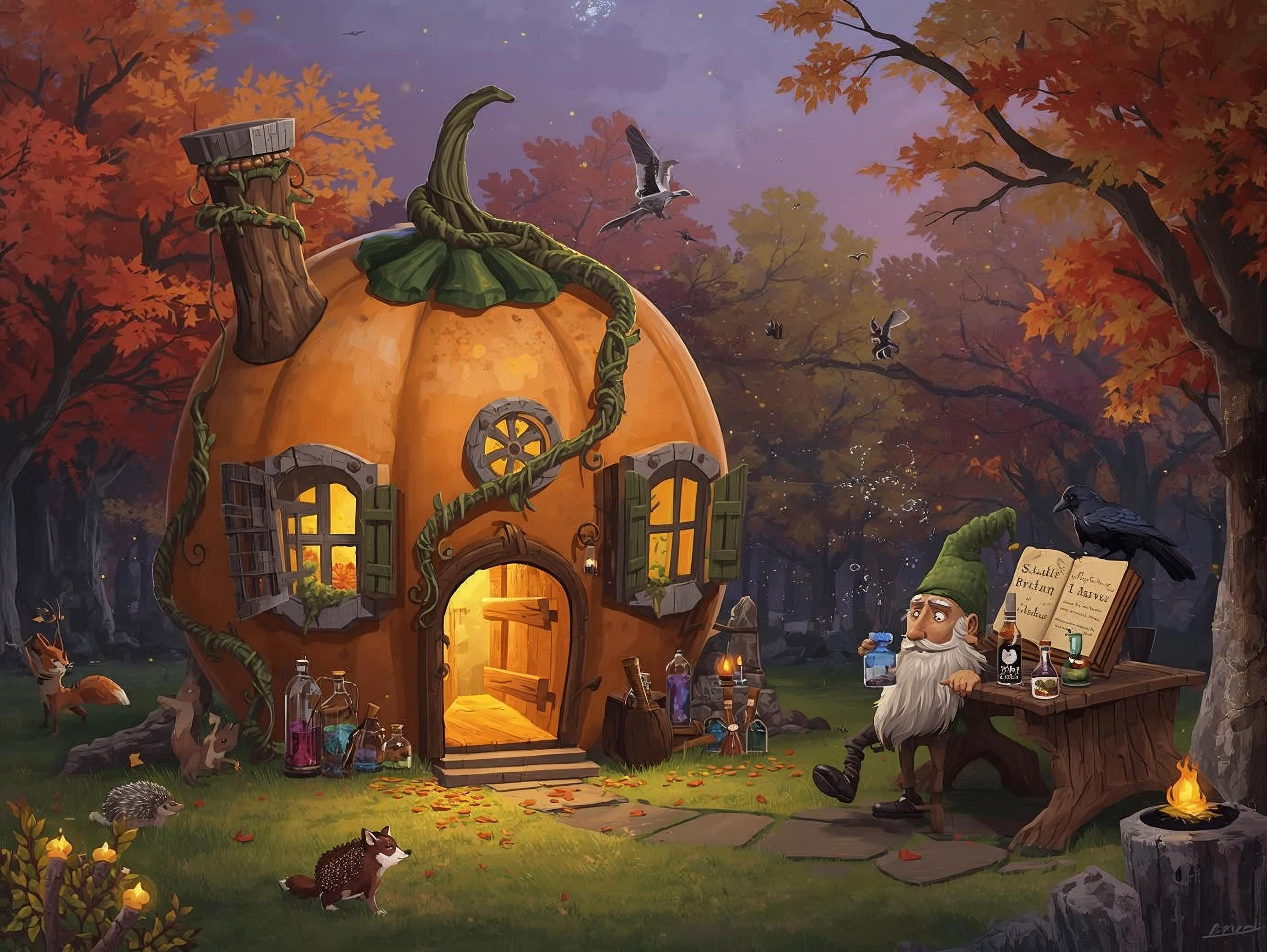 Fantasy pumpkin house with a gnome and magical elements in a forest setting