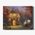 Painting of a gnome by a pumpkin house in a forest setting