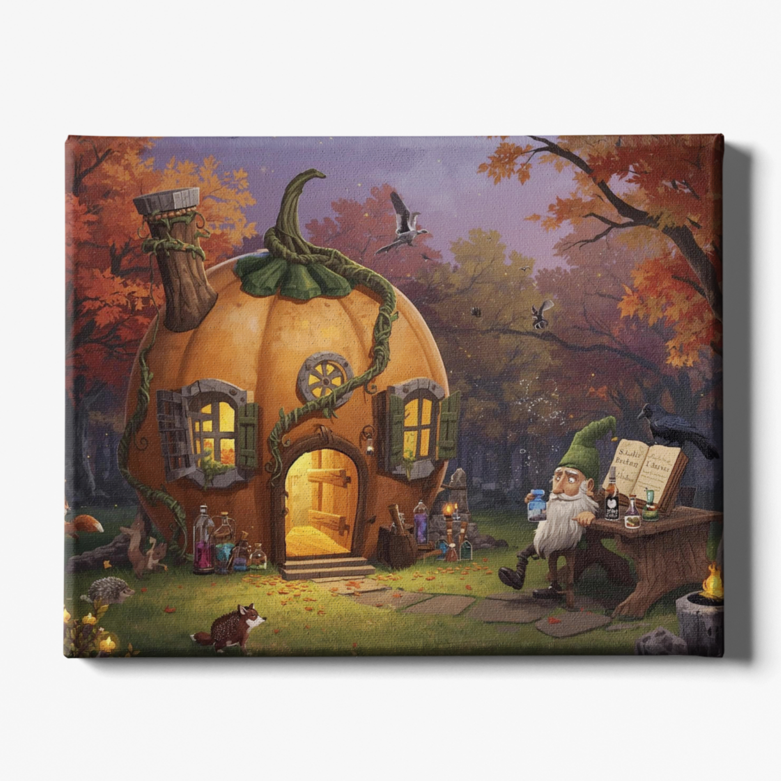 Painting of a gnome by a pumpkin house in a forest setting