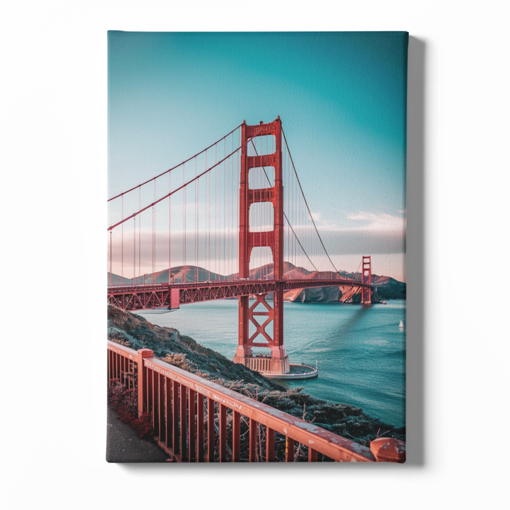 Canvas print of the Golden Gate Bridge with a scenic view of water and mountains.