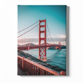Canvas print of the Golden Gate Bridge with a scenic view of water and mountains.