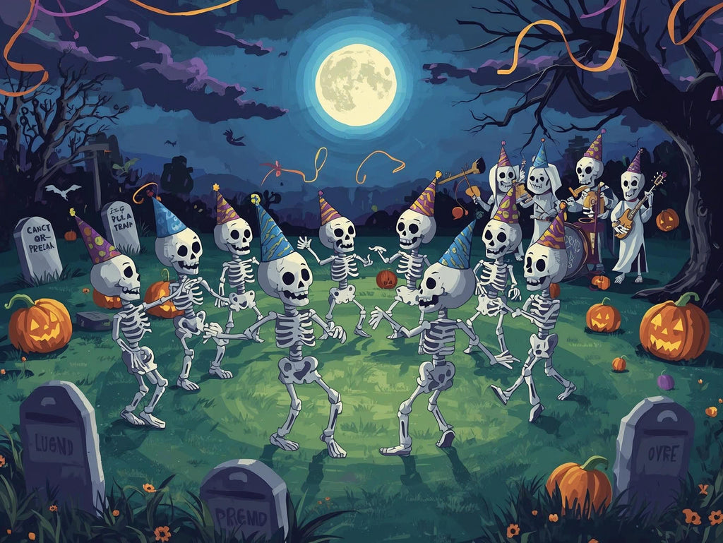 Skeletons in a Halloween graveyard with pumpkins and tombstones under a full moon.