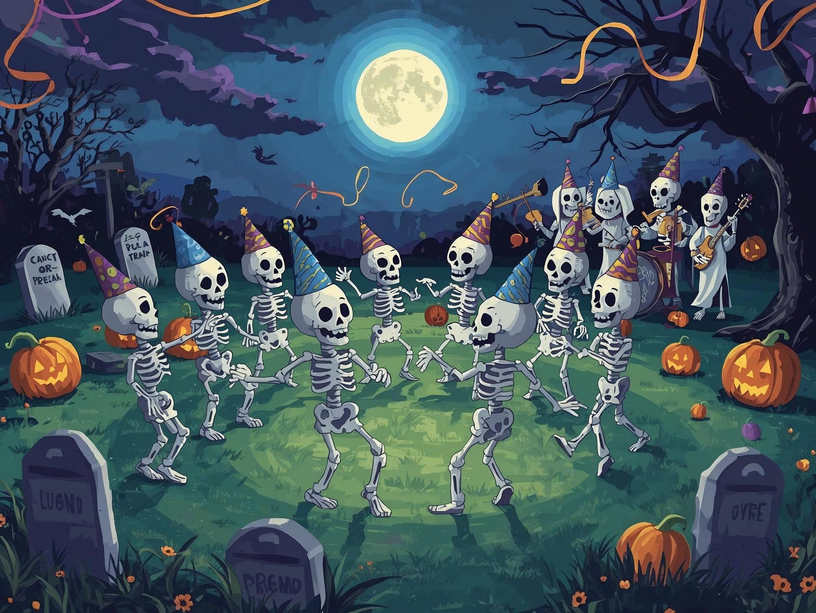 Skeletons in a Halloween graveyard with pumpkins and tombstones under a full moon.
