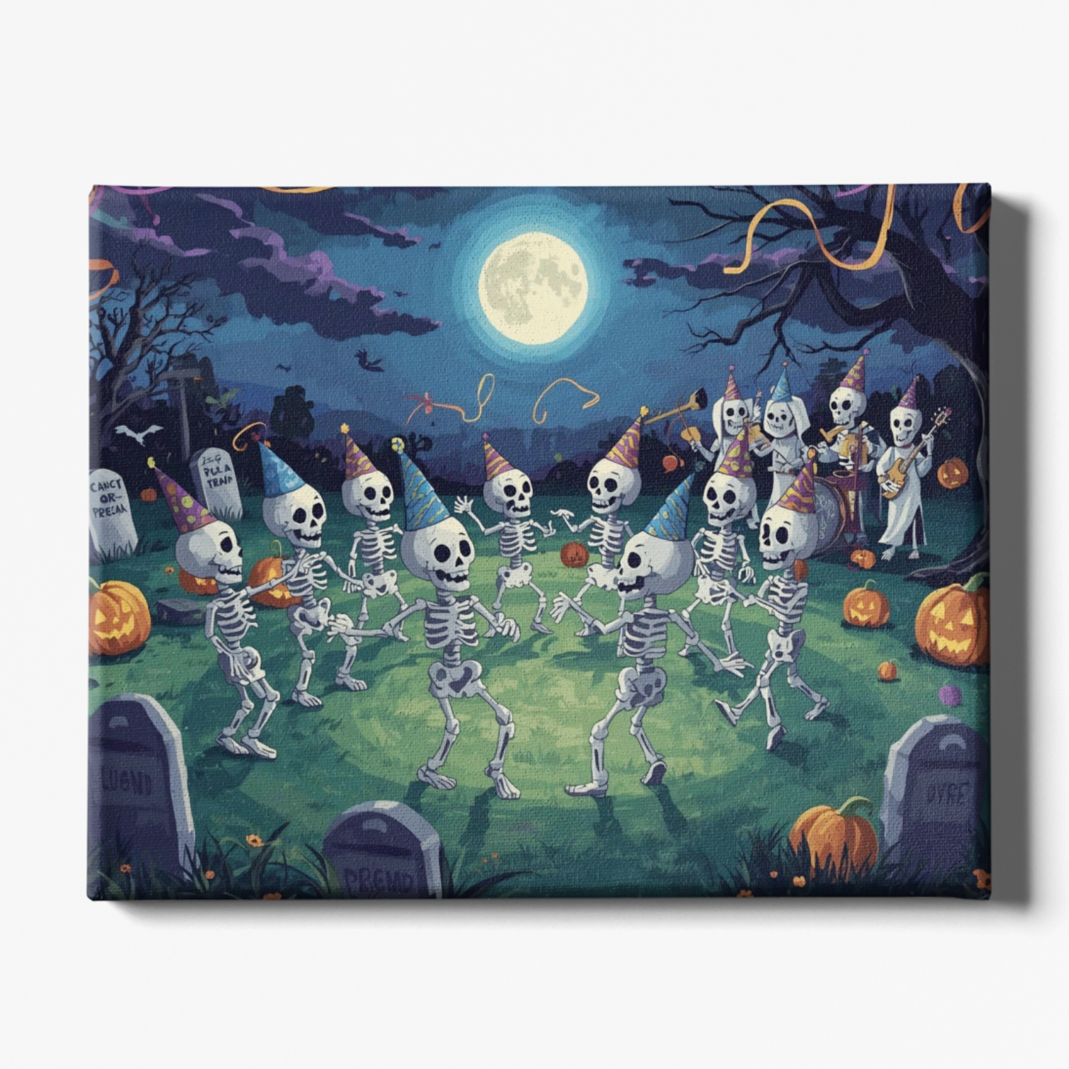 Halloween-themed painting of skeletons dancing in a graveyard with pumpkins and a full moon.