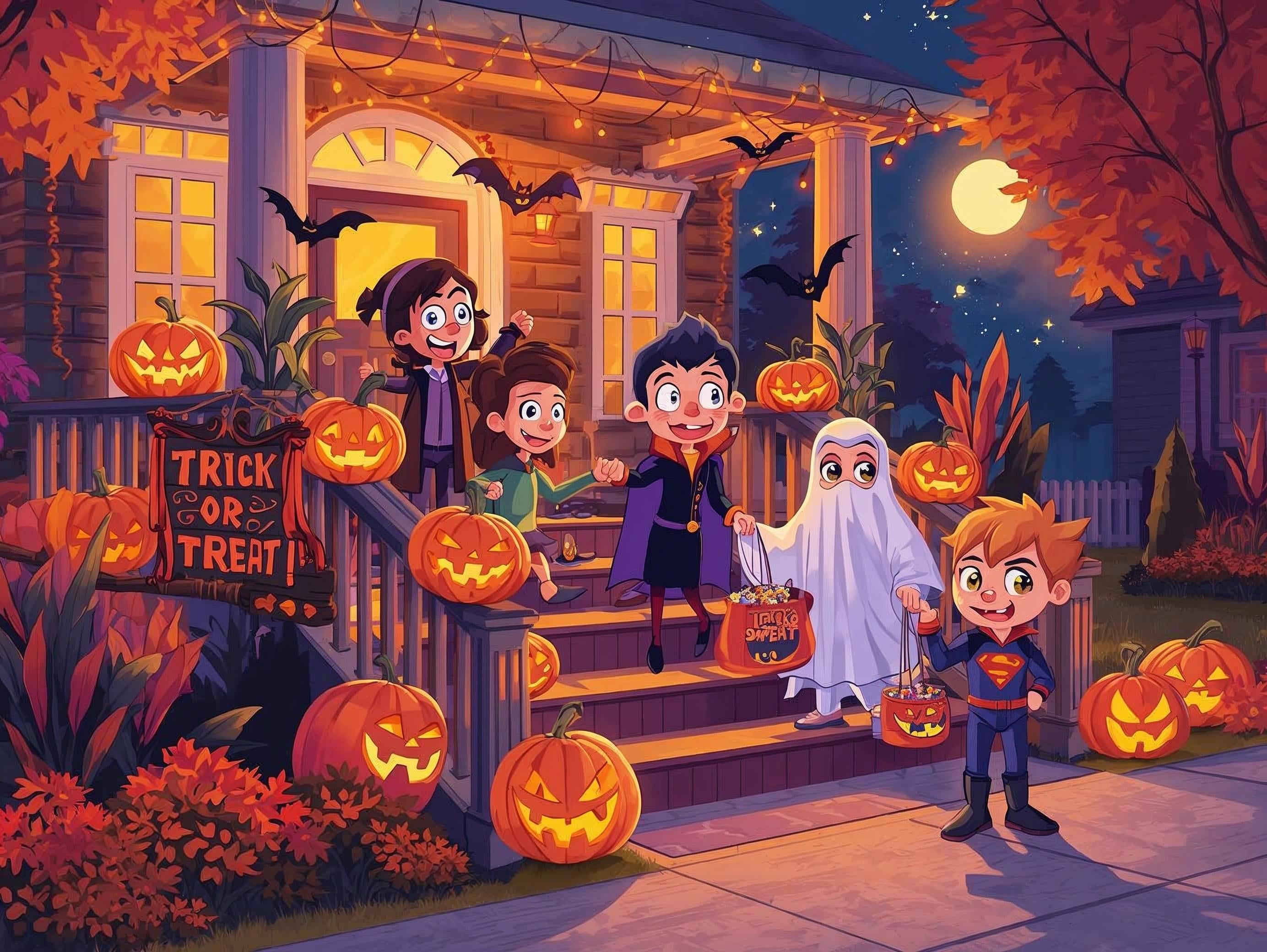 Children in Halloween costumes on a house porch with pumpkins and a ghost.