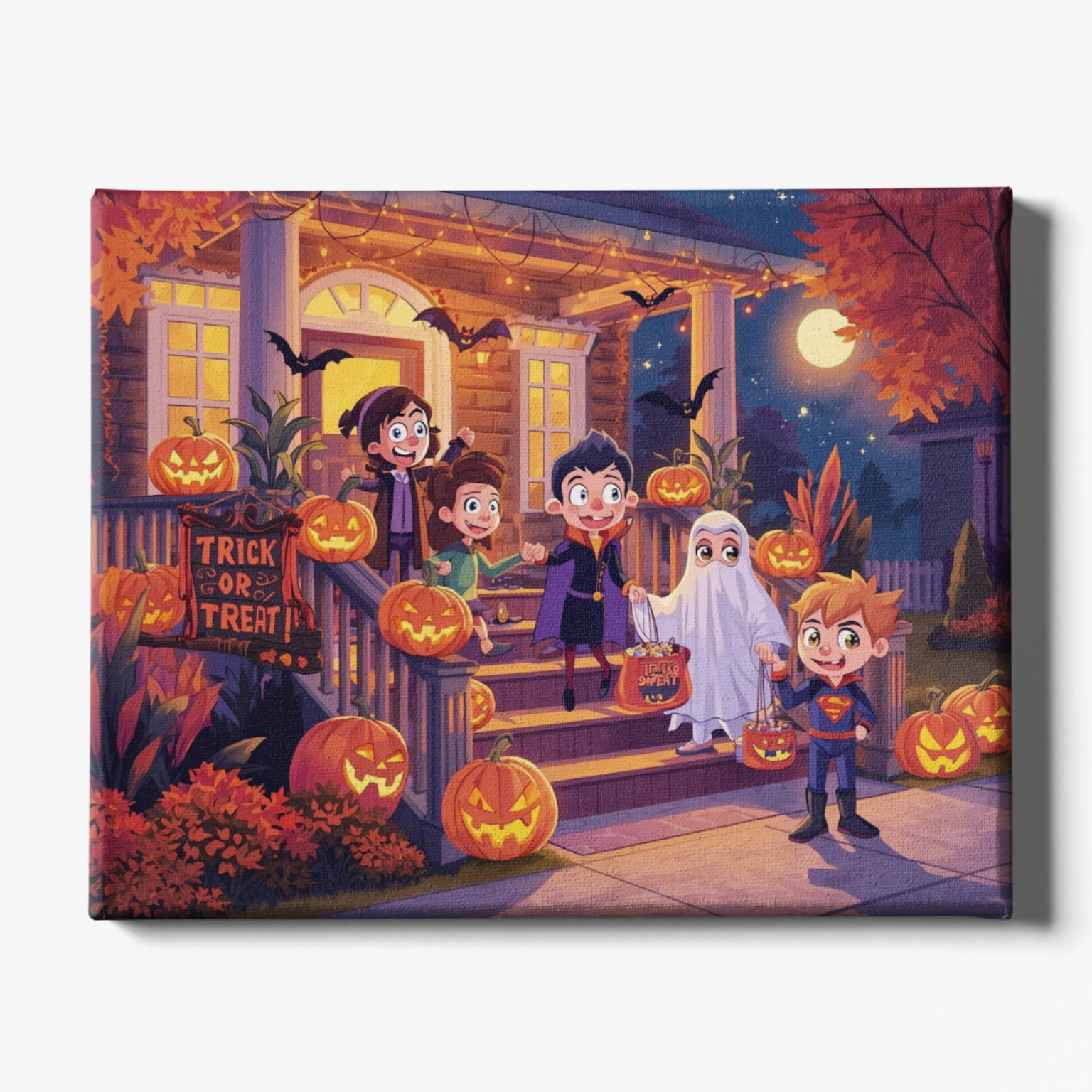 Illustration of children trick-or-treating on Halloween with pumpkins and a ghost.