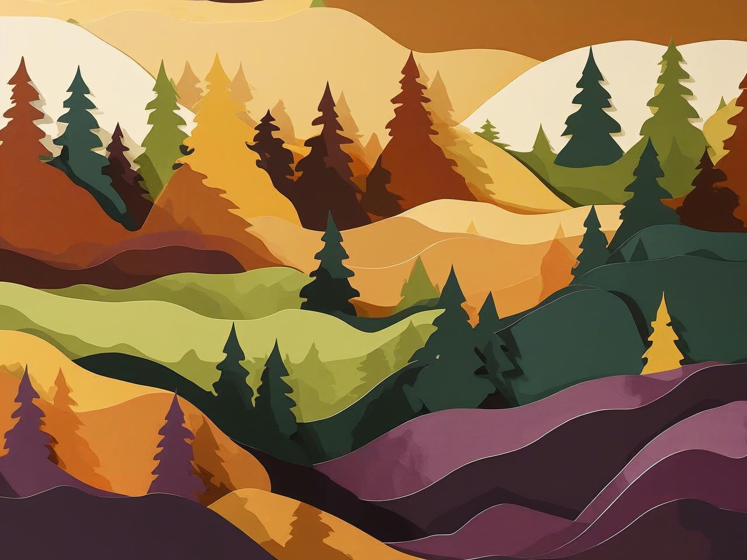 Colorful landscape with trees and rolling hills